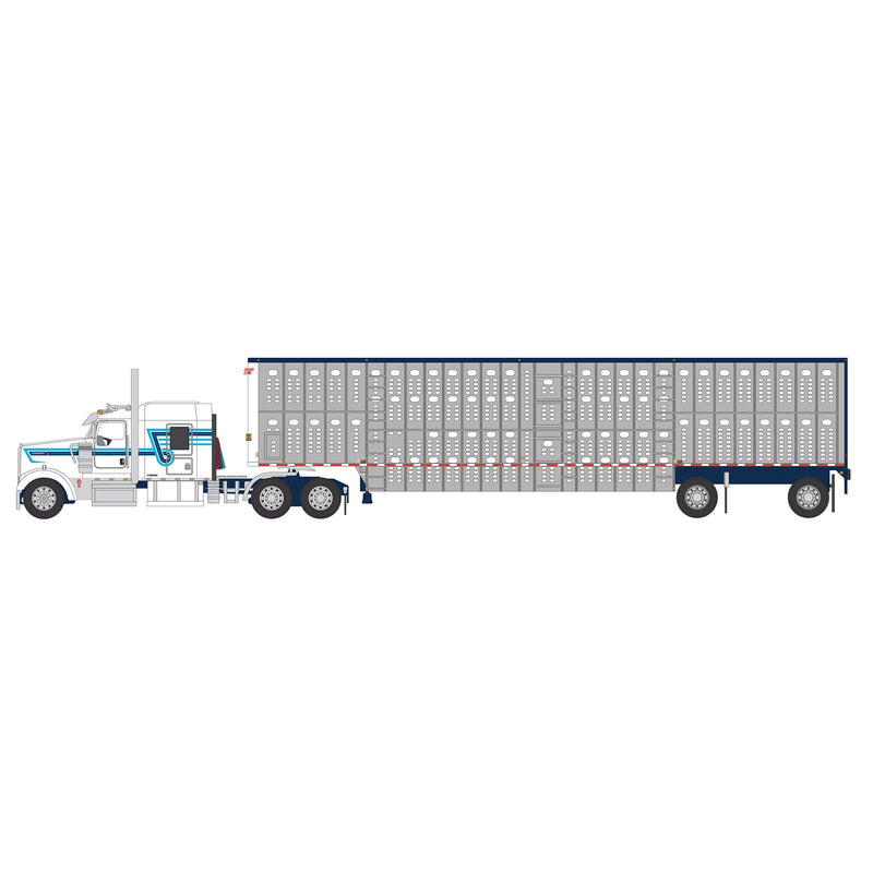 1/64 Kenworth W900 Semi Truck with Wilson Spread-Axle Livestock Trailer, White & Blue, Outback Toys Exclusive, DCP by First Gear