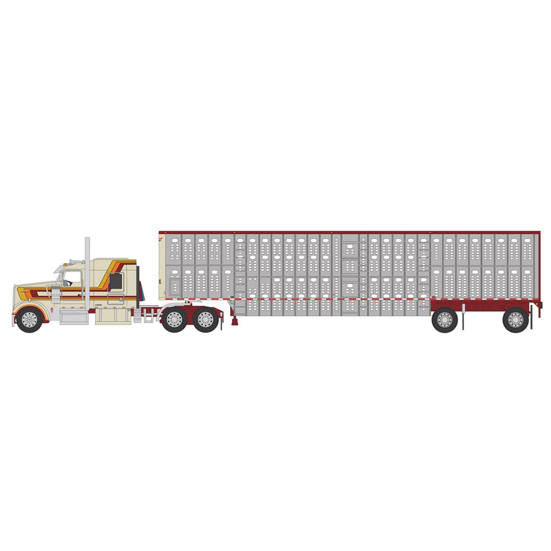 1/64 Kenworth W900 Semi Truck with Wilson Spread-Axle Livestock Trailer, Cream & Red, Outback Toys Exclusive DCP by First Gear