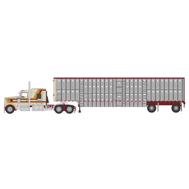 1/64 Kenworth W900 Semi Truck with Wilson Spread-Axle Livestock Trailer, Cream & Red, Outback Toys Exclusive DCP by First Gear