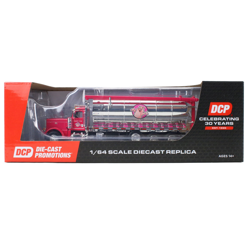 1/64 Pink Peterbilt 389 Tri-Axle Bulk Feed Truck with Chrome Ledwell Feed Body, Squealer Farms, DCP by First Gear