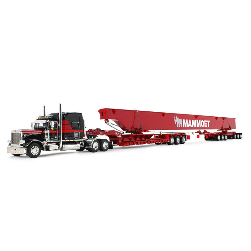 1/64 Peterbilt 379 Semi Truck, Fontaine Magnitude Lowboy Bunk & ERMC 6-Axle Hydra Steer with Bridge Beam Section Load, Black/Red, DCP by First Gear