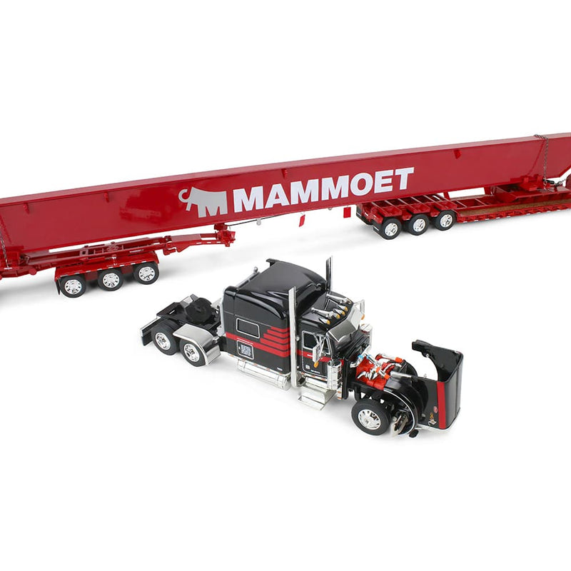 1/64 Peterbilt 379 Semi Truck, Fontaine Magnitude Lowboy Bunk & ERMC 6-Axle Hydra Steer with Bridge Beam Section Load, Black/Red, DCP by First Gear