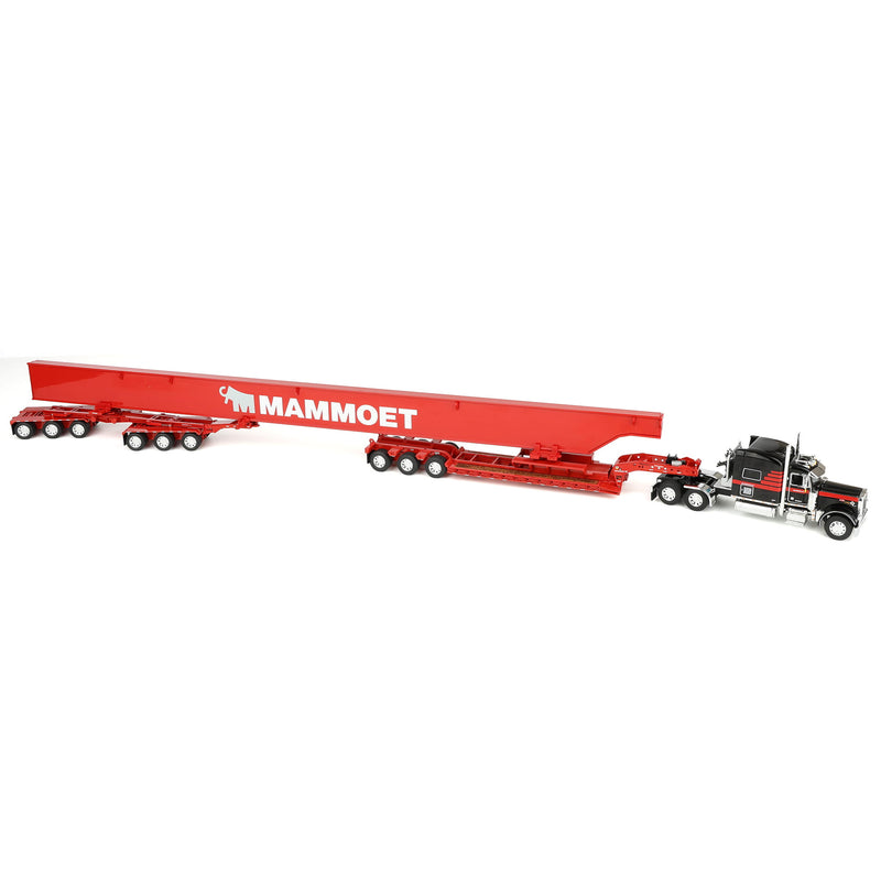 1/64 Peterbilt 379 Semi Truck, Fontaine Magnitude Lowboy Bunk & ERMC 6-Axle Hydra Steer with Bridge Beam Section Load, Black/Red, DCP by First Gear