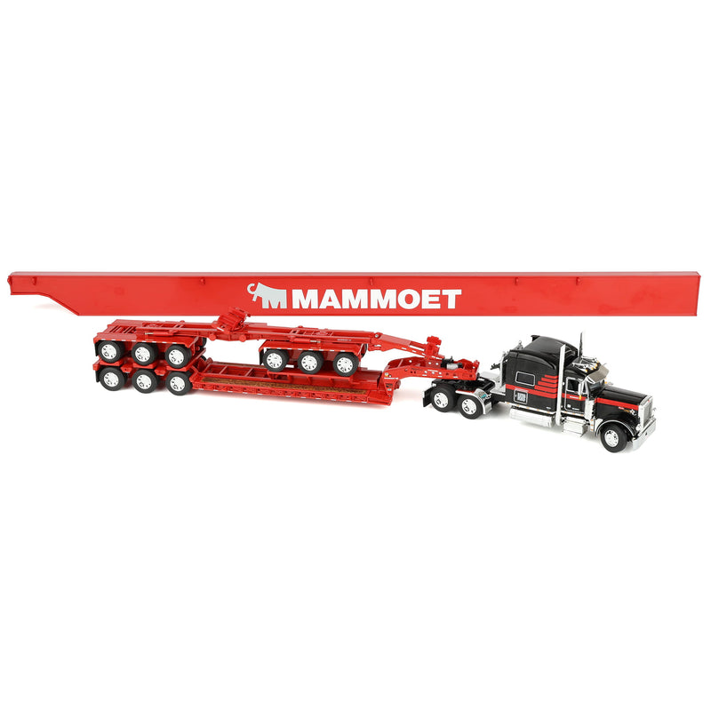 1/64 Peterbilt 379 Semi Truck, Fontaine Magnitude Lowboy Bunk & ERMC 6-Axle Hydra Steer with Bridge Beam Section Load, Black/Red, DCP by First Gear