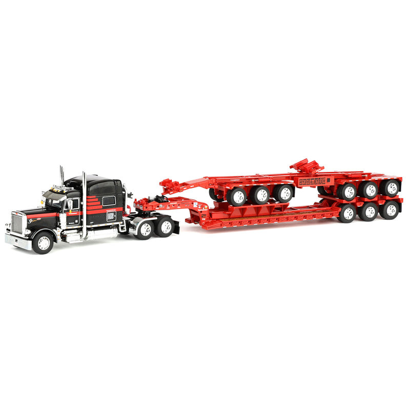 1/64 Peterbilt 379 Semi Truck, Fontaine Magnitude Lowboy Bunk & ERMC 6-Axle Hydra Steer with Bridge Beam Section Load, Black/Red, DCP by First Gear