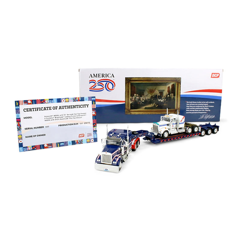 1/64 Kenworth W900L Semi Truck with Fontaine Magnitude Lowboy & Kenworth W900A Load, America250 Limited Edition, DCP by First Gear