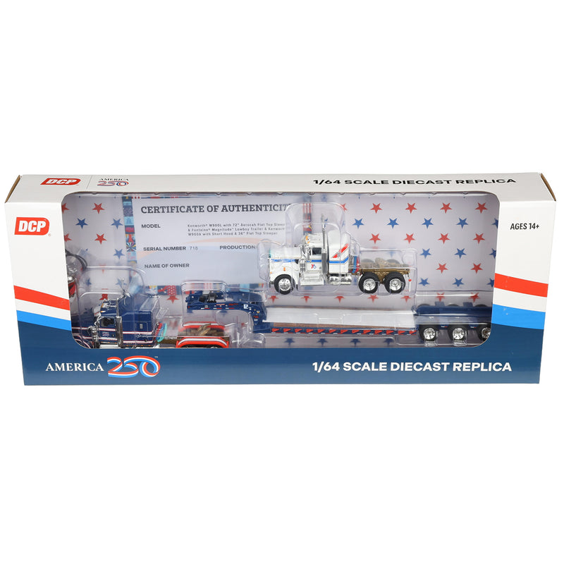 1/64 Kenworth W900L Semi Truck with Fontaine Magnitude Lowboy & Kenworth W900A Load, America250 Limited Edition, DCP by First Gear