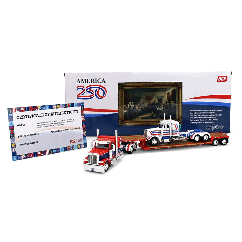 1/64 Peterbilt 589 Semi Truck with Fontaine Renegade LXT40 Lowboy & Peterbilt 359 Load, America250 Limited Edition, DCP by First Gear