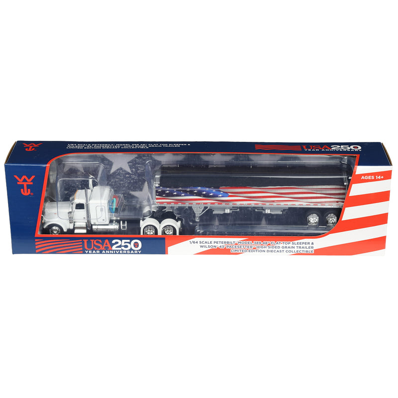 1/64 Peterbilt 389 with 43ft Wilson Pacesetter High Side Grain Trailer, Wilson USA 250 White, DCP by First Gear Distributor Exclusive