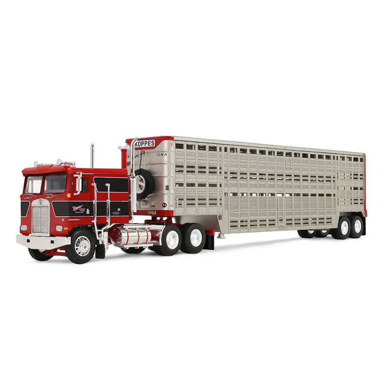 1/64 Kenworth K100 COE Semi Truck with Wilson Vintage Livestock Trailer, Koppes Truck Line, Red/Black, DCP by First Gear