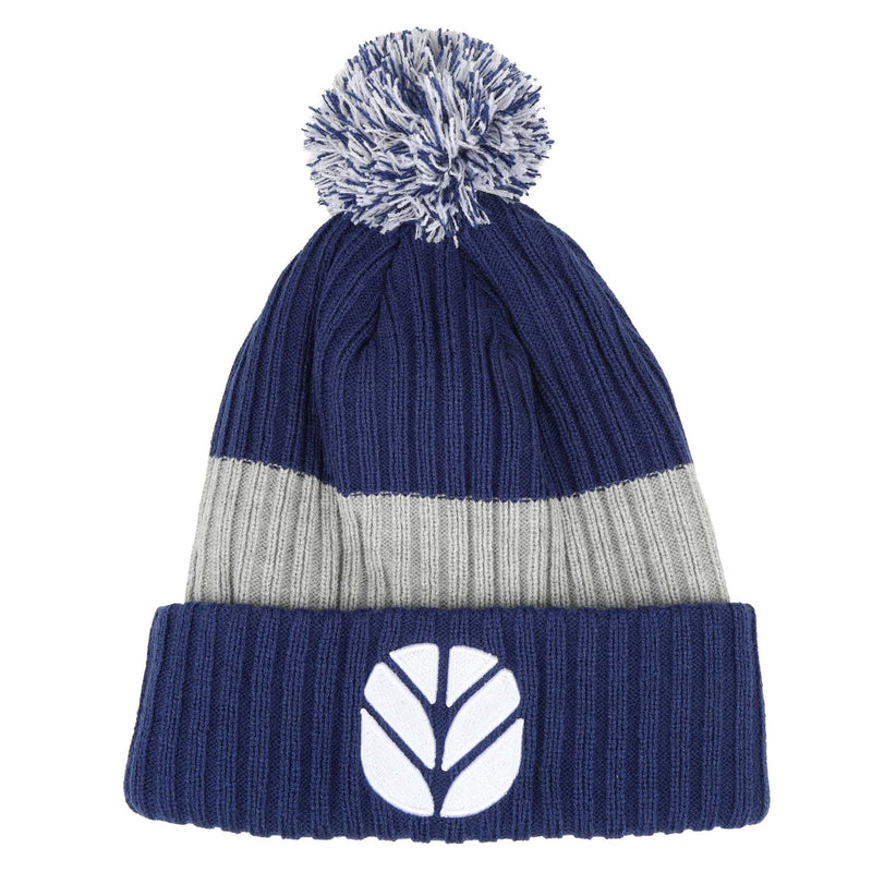 New Holland Pom Beanie, Blue with Gray Stripe