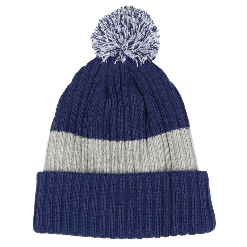 New Holland Pom Beanie, Blue with Gray Stripe