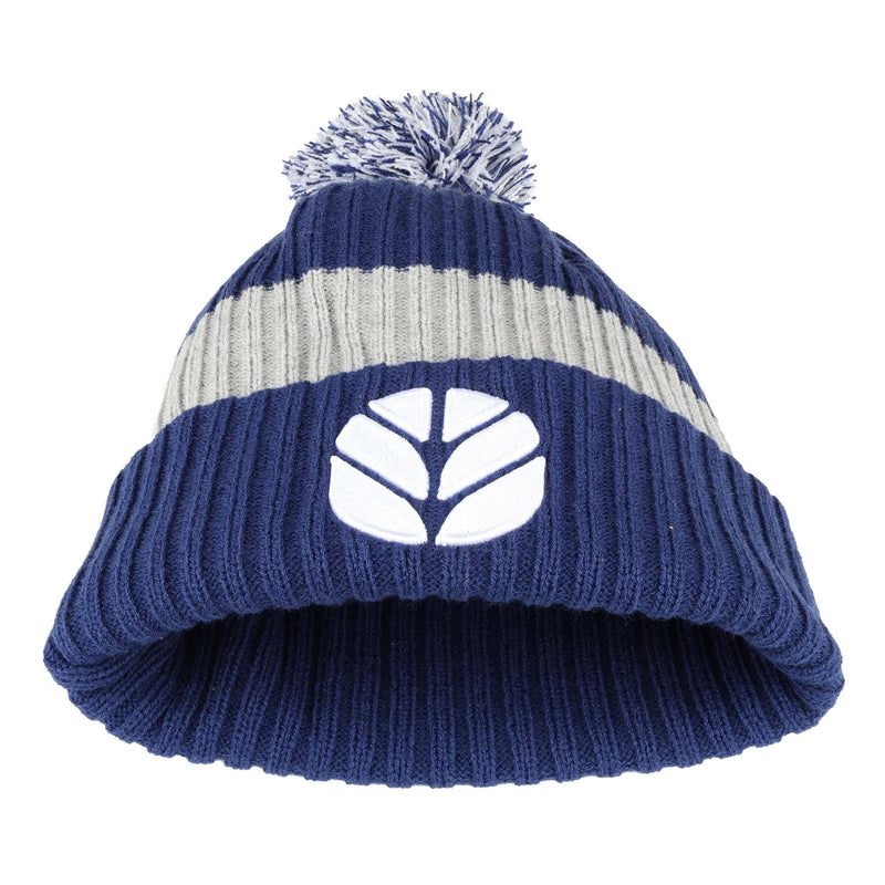 New Holland Pom Beanie, Blue with Gray Stripe