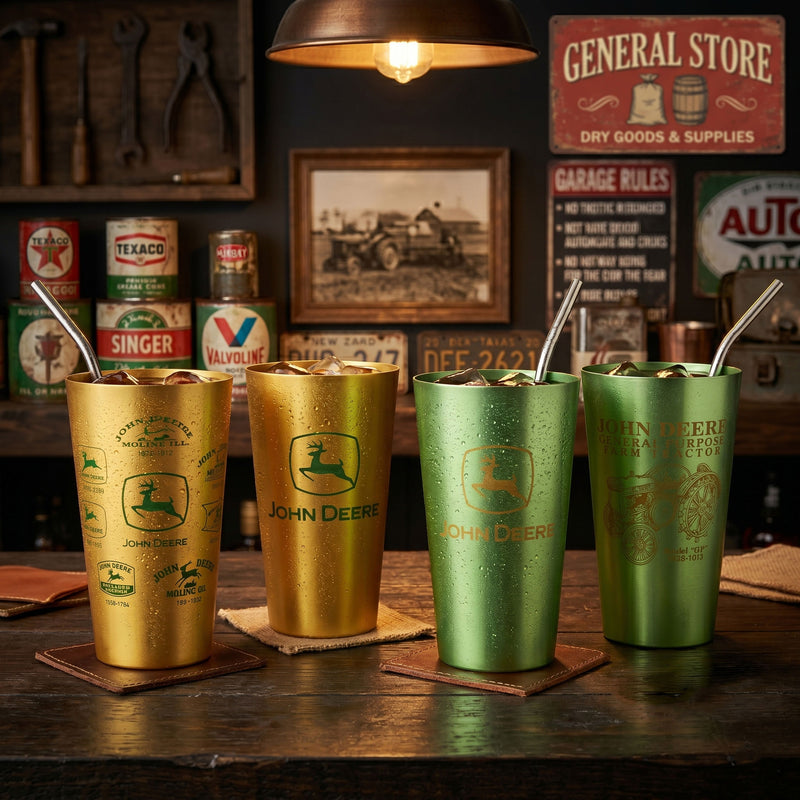 John Deere Set of 4 Yellow and Green 16oz Aluminum Tumblers