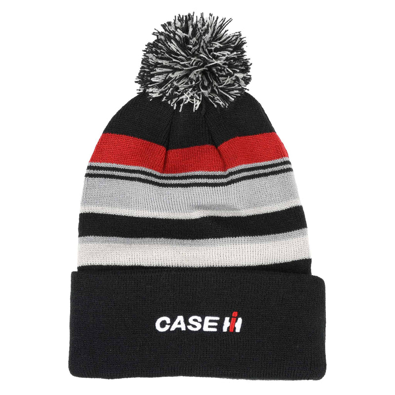 Case IH Pom Beanie with Black, Red & Gray Stripes