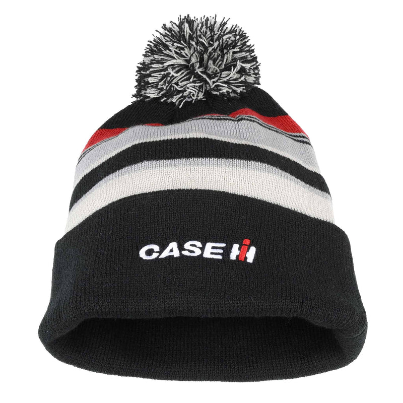 Case IH Pom Beanie with Black, Red & Gray Stripes