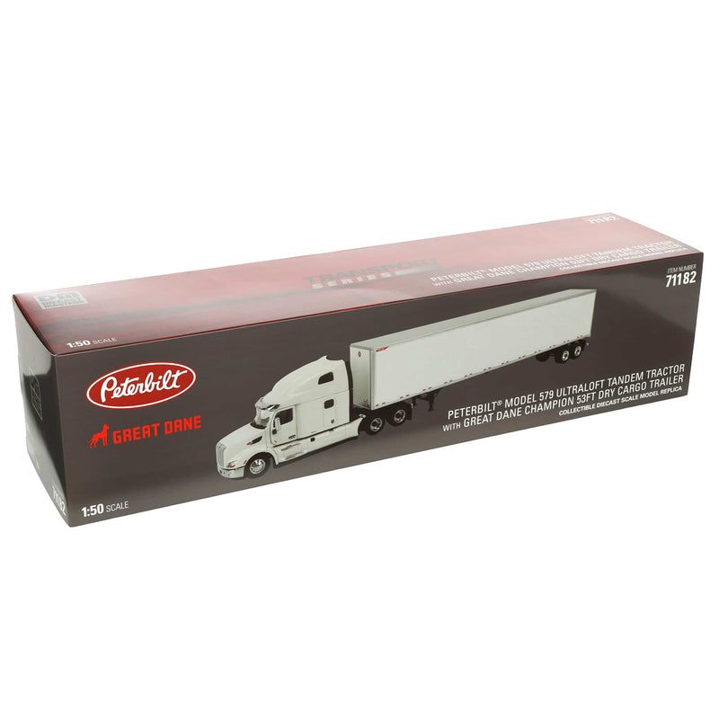 1/50 Peterbilt 579 UltraLoft Semi Truck with Great Dane Champion 53ft Dry Van Trailer, White, Diecast Masters Transport Series