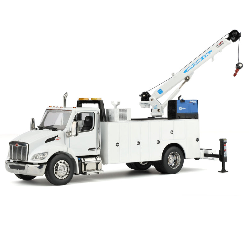 1/50 White Peterbilt Model 536 Crane Work Truck with Miller Trailblazer by Diecast Masters