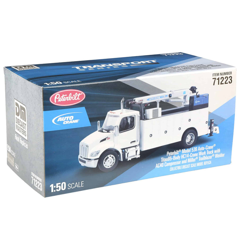 1/50 White Peterbilt Model 536 Crane Work Truck with Miller Trailblazer by Diecast Masters