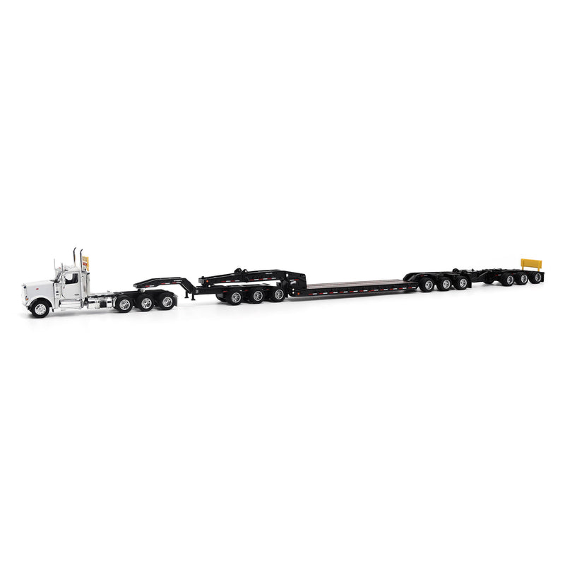 1/64 Peterbilt 589 Tridem-Axle Semi Truck with Trail King TK170 Gooseneck Lowboy Trailer, Jeep & Booster, White, Diecast Masters Transport Series