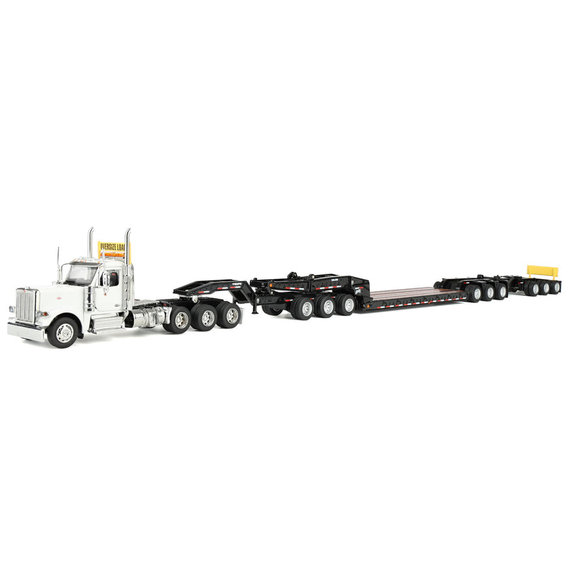 1/64 Peterbilt 589 Tridem-Axle Semi Truck with Trail King TK170 Gooseneck Lowboy Trailer, Jeep & Booster, White, Diecast Masters Transport Series