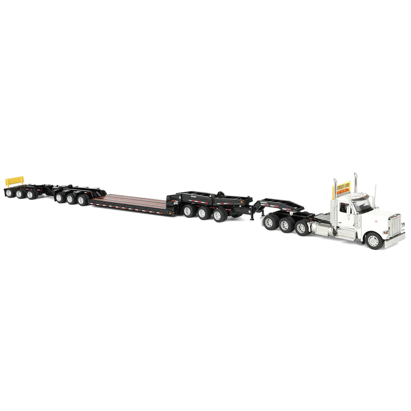 1/64 Peterbilt 589 Tridem-Axle Semi Truck with Trail King TK170 Gooseneck Lowboy Trailer, Jeep & Booster, White, Diecast Masters Transport Series