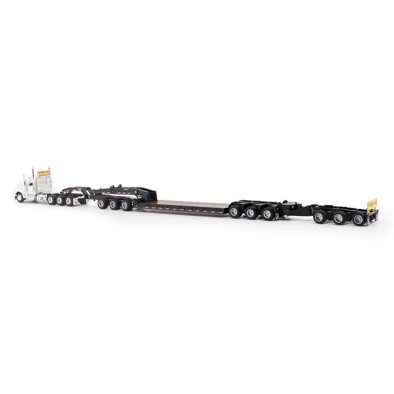 1/64 Peterbilt 589 Tridem-Axle Semi Truck with Trail King TK170 Gooseneck Lowboy Trailer, Jeep & Booster, White, Diecast Masters Transport Series