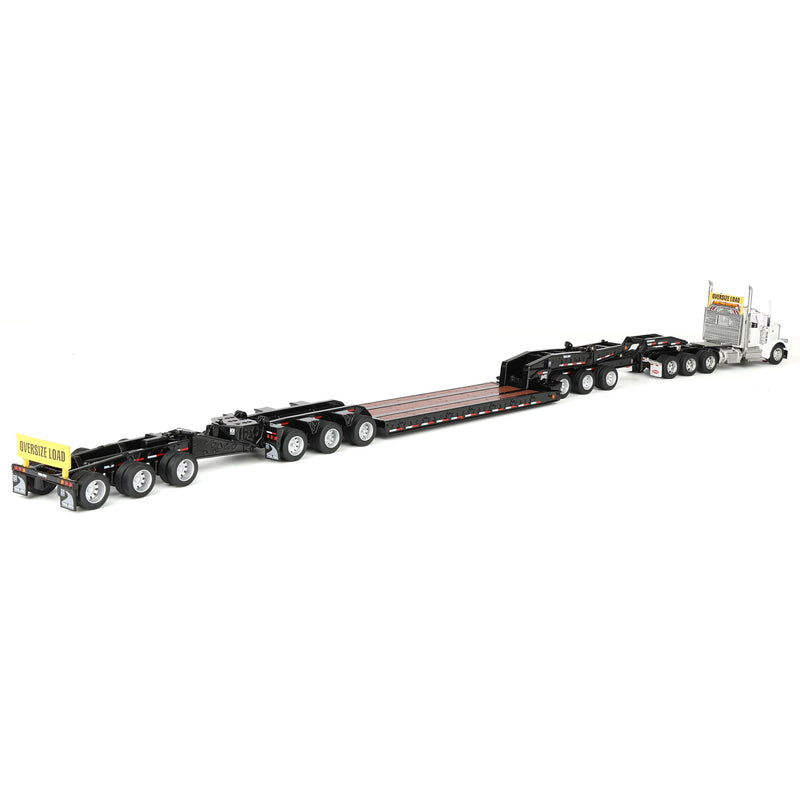1/64 Peterbilt 589 Tridem-Axle Semi Truck with Trail King TK170 Gooseneck Lowboy Trailer, Jeep & Booster, White, Diecast Masters Transport Series