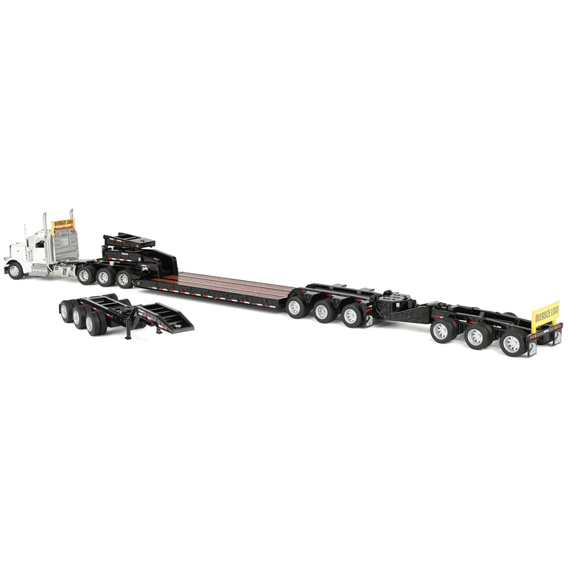 1/64 Peterbilt 589 Tridem-Axle Semi Truck with Trail King TK170 Gooseneck Lowboy Trailer, Jeep & Booster, White, Diecast Masters Transport Series