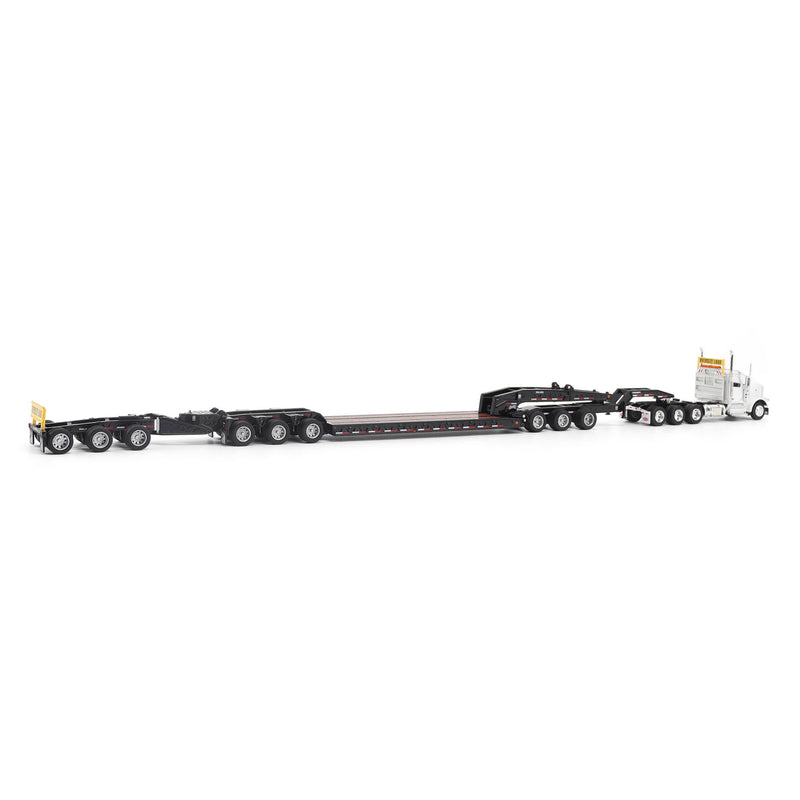 1/64 Peterbilt 589 Tridem-Axle Semi Truck with Trail King TK170 Gooseneck Lowboy Trailer, Jeep & Booster, White, Diecast Masters Transport Series