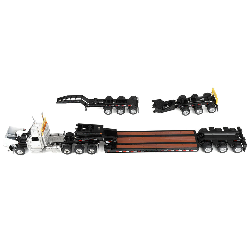1/64 Peterbilt 589 Tridem-Axle Semi Truck with Trail King TK170 Gooseneck Lowboy Trailer, Jeep & Booster, White, Diecast Masters Transport Series