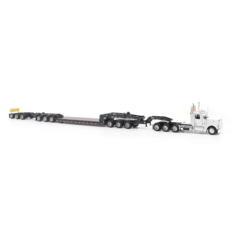 1/64 Peterbilt 589 Tridem-Axle Semi Truck with Trail King TK170 Gooseneck Lowboy Trailer, Jeep & Booster, White, Diecast Masters Transport Series