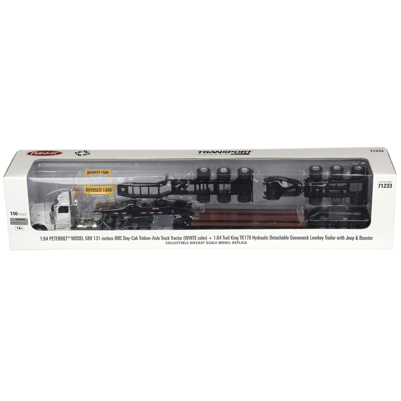 1/64 Peterbilt 589 Tridem-Axle Semi Truck with Trail King TK170 Gooseneck Lowboy Trailer, Jeep & Booster, White, Diecast Masters Transport Series