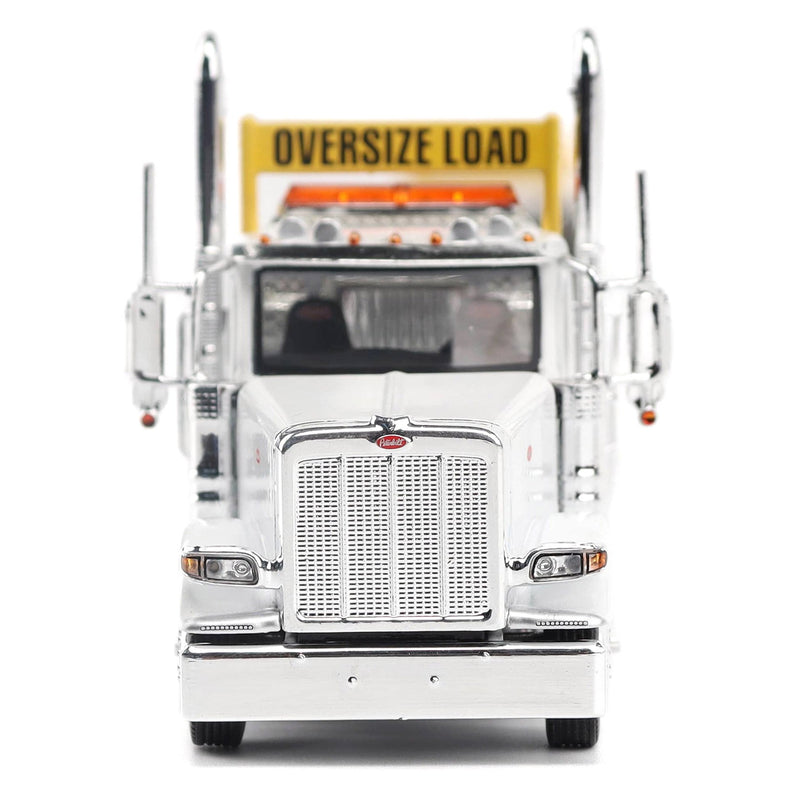 1/64 Peterbilt 589 Tridem-Axle Semi Truck with Trail King TK170 Gooseneck Lowboy Trailer, Jeep & Booster, White, Diecast Masters Transport Series