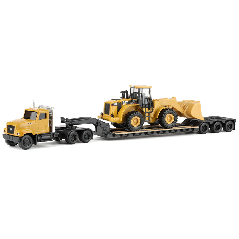1/87 Caterpillar CT681 Day Cab Semi Truck with Lowboy Trailer & 950G Wheel Loader by Diecast Masters