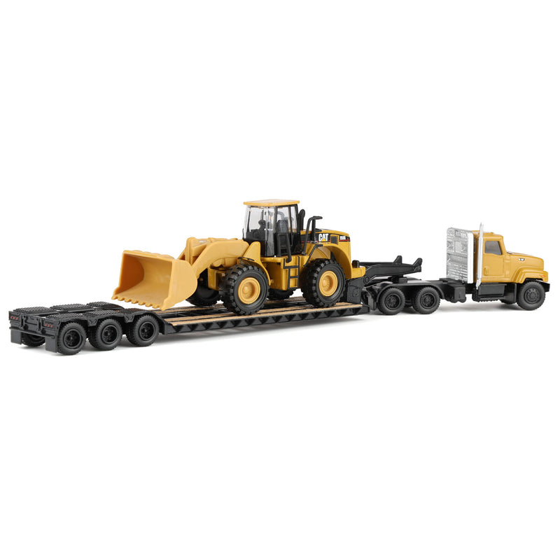 1/87 Caterpillar CT681 Day Cab Semi Truck with Lowboy Trailer & 950G Wheel Loader by Diecast Masters