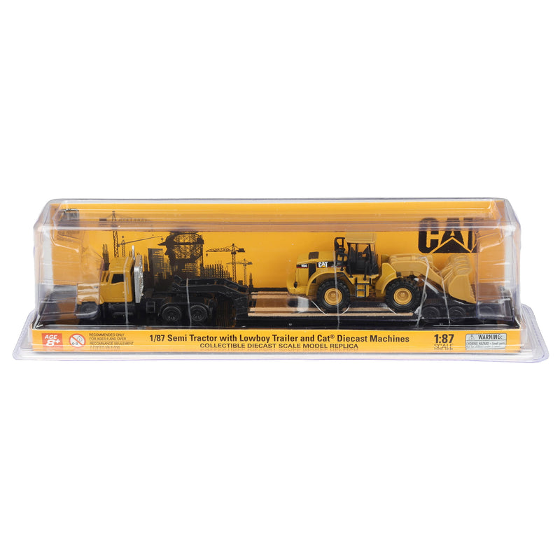 1/87 Caterpillar CT681 Day Cab Semi Truck with Lowboy Trailer & 950G Wheel Loader by Diecast Masters