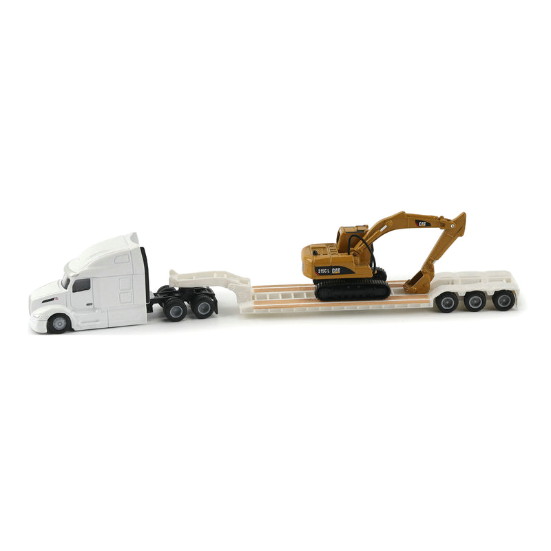 1/87 White Peterbilt 579 Semi Truck with Lowboy Trailer & CAT 315C Excavator by Diecast Masters