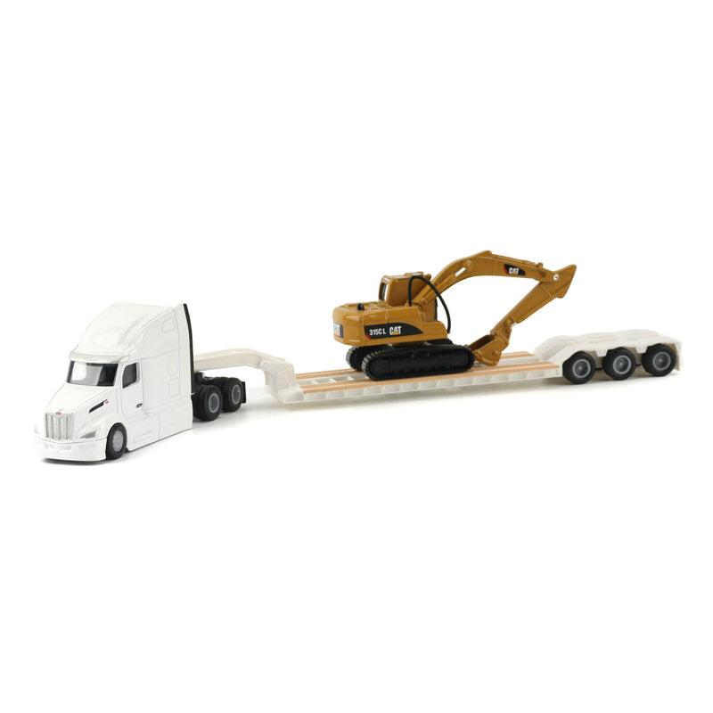 1/87 White Peterbilt 579 Semi Truck with Lowboy Trailer & CAT 315C Excavator by Diecast Masters