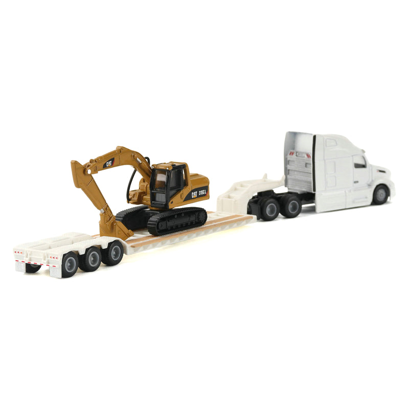1/87 White Peterbilt 579 Semi Truck with Lowboy Trailer & CAT 315C Excavator by Diecast Masters
