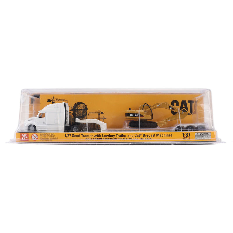 1/87 White Peterbilt 579 Semi Truck with Lowboy Trailer & CAT 315C Excavator by Diecast Masters