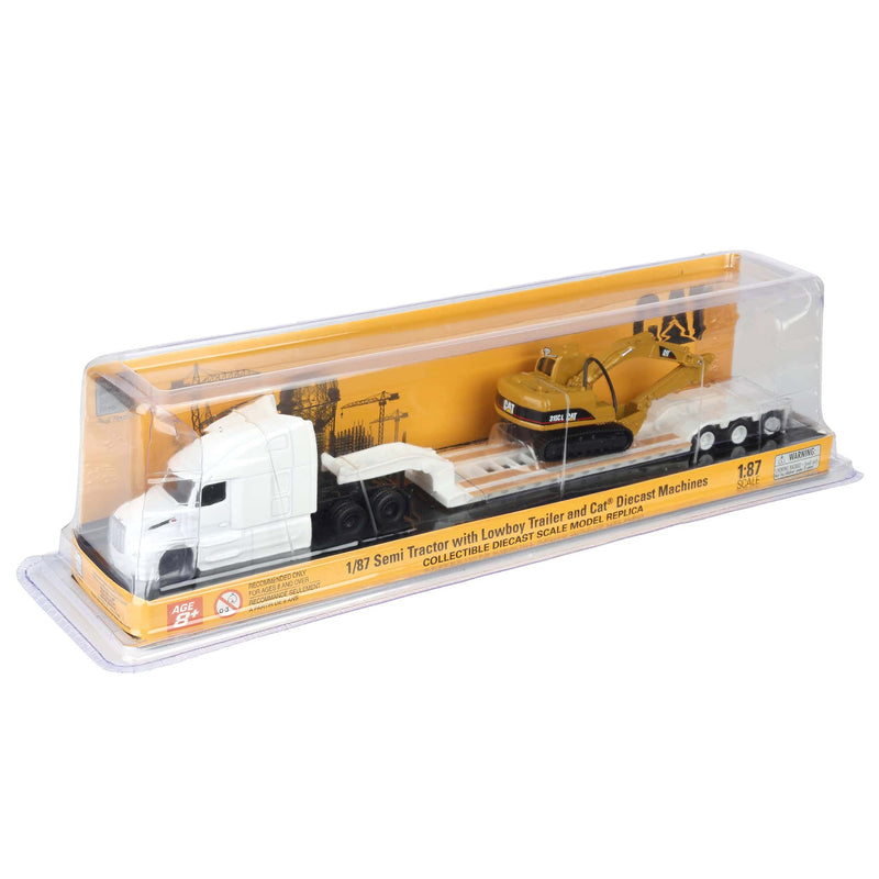 1/87 White Peterbilt 579 Semi Truck with Lowboy Trailer & CAT 315C Excavator by Diecast Masters