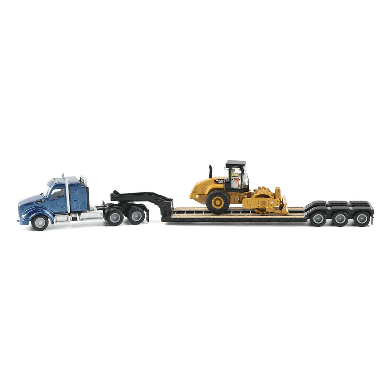 1/87 Blue Kenworth T880 Semi Truck with Lowboy Trailer & CAT Padfoot Roller by Diecast Masters