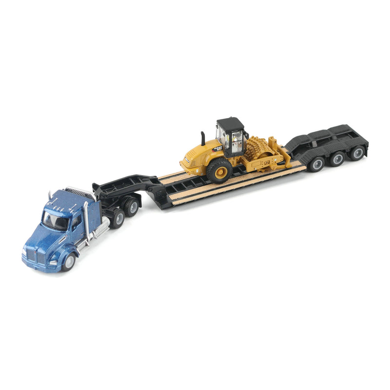 1/87 Blue Kenworth T880 Semi Truck with Lowboy Trailer & CAT Padfoot Roller by Diecast Masters