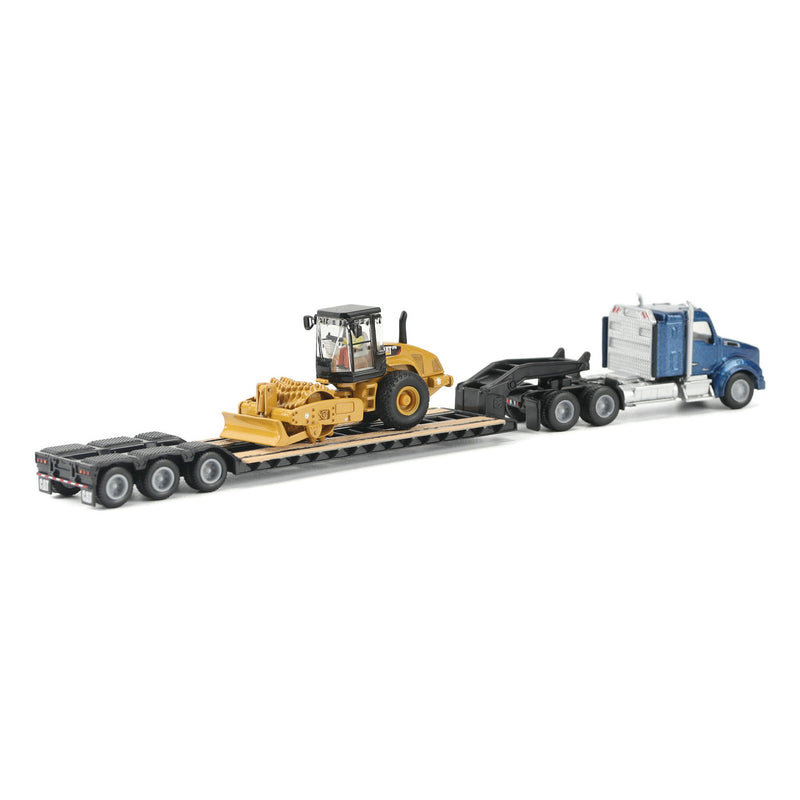 1/87 Blue Kenworth T880 Semi Truck with Lowboy Trailer & CAT Padfoot Roller by Diecast Masters