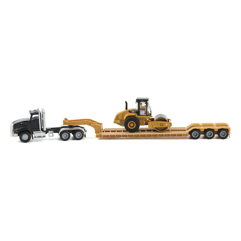 1/87 Black Kenworth T880 Semi Truck with Lowboy Trailer & CAT Roller by Diecast Masters