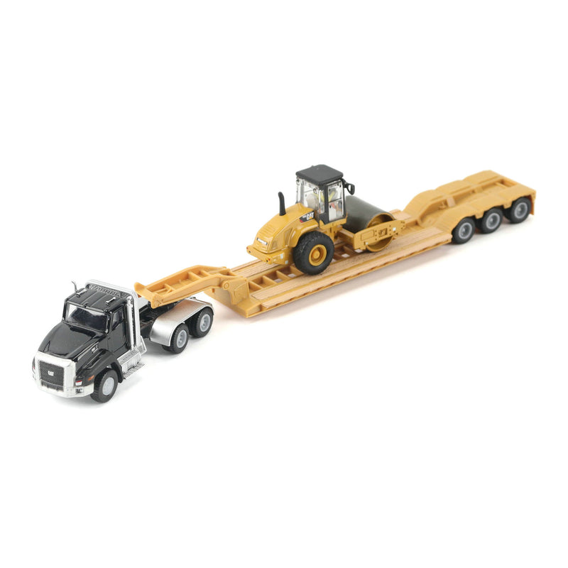 1/87 Black Kenworth T880 Semi Truck with Lowboy Trailer & CAT Roller by Diecast Masters