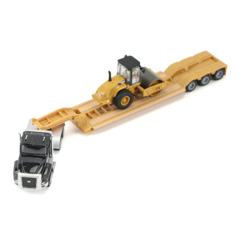 1/87 Black Kenworth T880 Semi Truck with Lowboy Trailer & CAT Roller by Diecast Masters