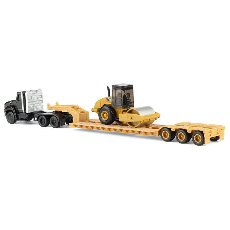 1/87 Black Kenworth T880 Semi Truck with Lowboy Trailer & CAT Roller by Diecast Masters