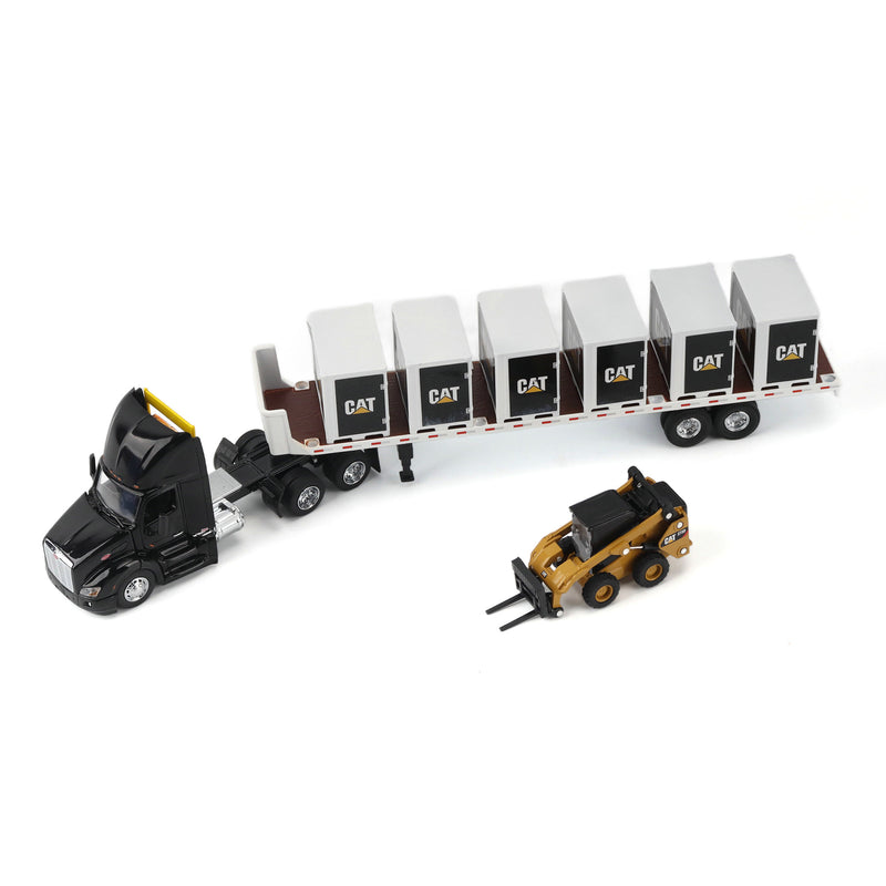1/64 Black Peterbilt Semi Truck with Flatbed Trailer, 6 Pallet Boxes, & CAT Skid Steer Loader by Diecast Masters